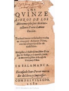 Portada de la primera edición de la traducción de las Metamorfosis de Ovidio por Antonio Pérez Sigler (Salamanca, 1580)