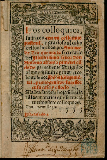 Portada de la princeps de los coloquios satíricos 
